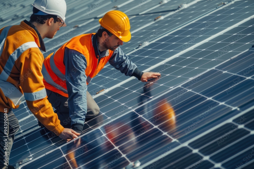 Two men in orange safety vests are working on a solar panel Two men in orange safety vests are working on a solar panel