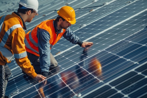 Wallpaper Mural Two men in orange safety vests are working on a solar panel Torontodigital.ca