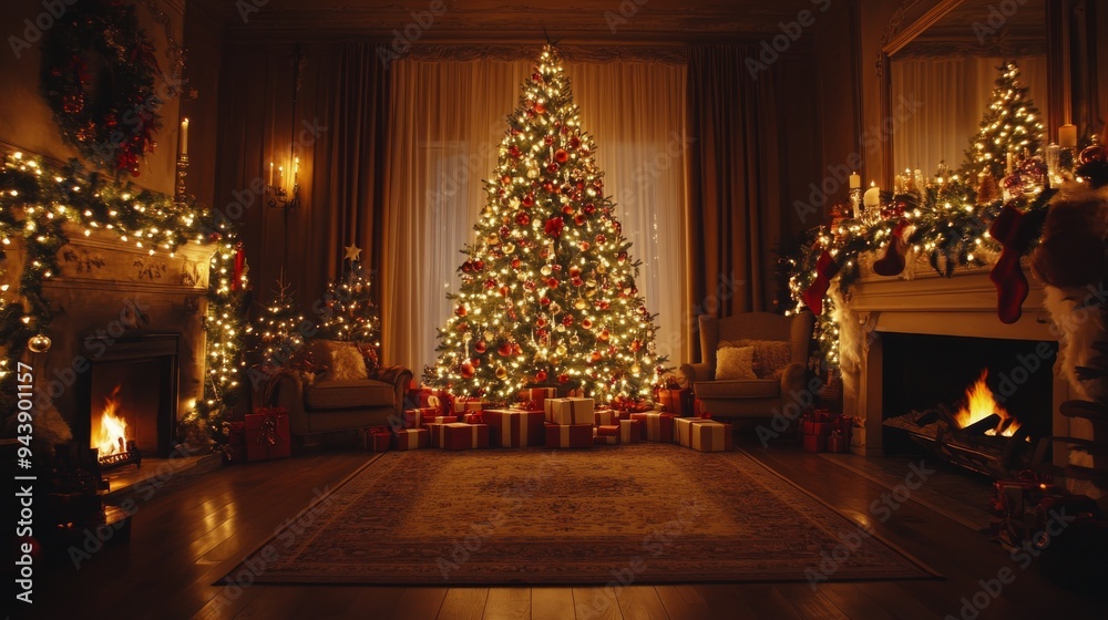 Fototapeta premium Cozy living room decorated for Christmas with a beautifully lit tree and gifts in the evening