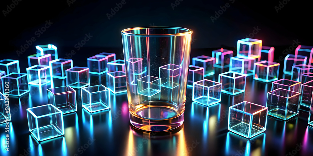 3D Abstract glowing cubes forming a juice glass outline concept as Glowing cubes arrange themselves into the outline of a juice glass set against a deep dark background. The camera rotates around the 3D Abstract glowing cubes forming a juice glass outline concept as Glowing cubes arrange themselves into the outline of a juice glass set against a deep dark background. The camera rotates around the