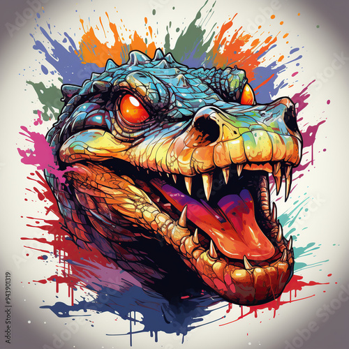 A colorful and stylized illustration of an alligator's head with sharp teeth and glowing red eyes against a background of colorful paint splatters.