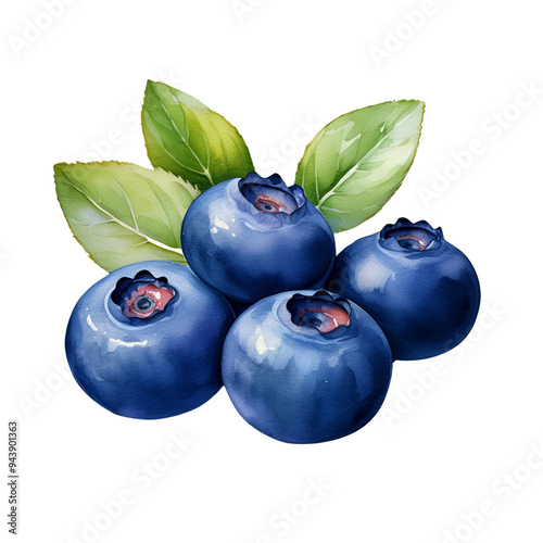 Fresh ripe blueberries with green leaves. Vibrant watercolor illustration of healthy blueberries, perfect for food-related projects.