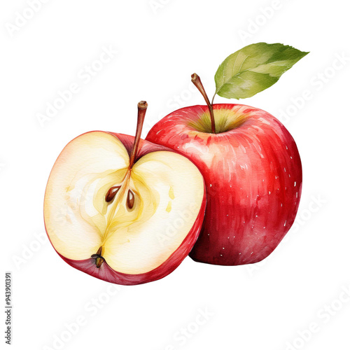 Illustration of a whole red apple and a half apple PNG
