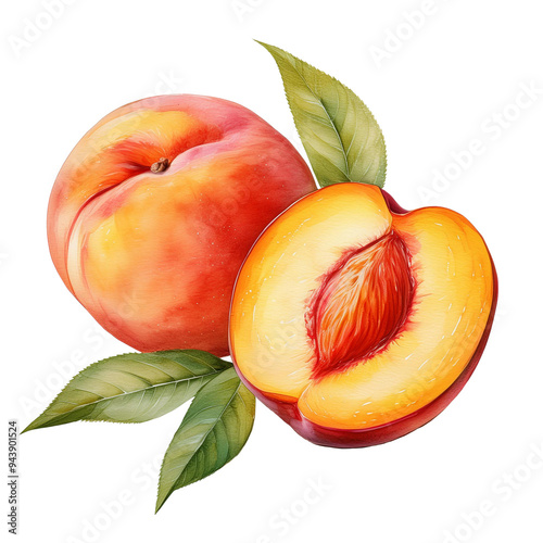 Ripe peach illustration with one whole and one half, showcasing juicy texture, transparent background