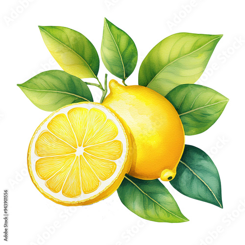 watercolor a whole lemon and lemon slice with lush green leaves transparent background