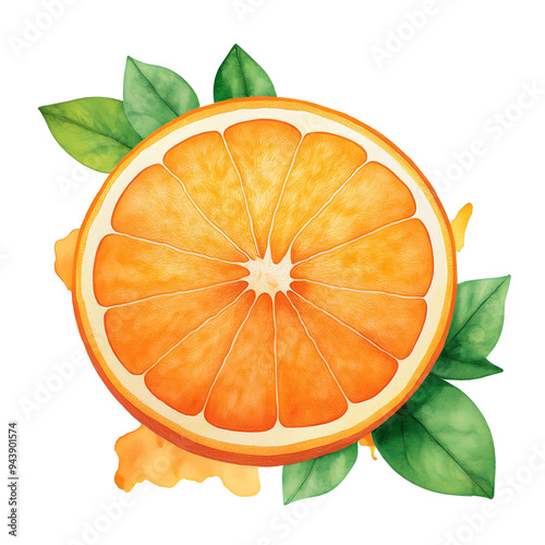 orange slice illustration with green leaves. Perfect for food, citrus, and fruit-themed designs and elements. transparent background