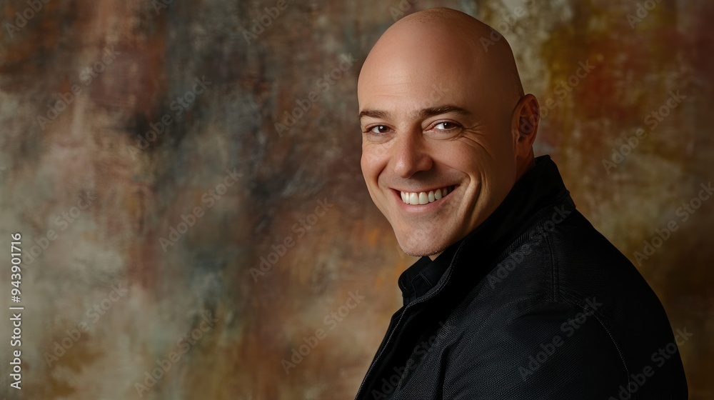 Portrait of a bald man with a genuine smile, wearing a black jacket, studio lighting highlighting his face against a soft abstract background.