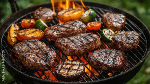 Grilling marinated steak and vegetables during a sunny afternoon barbecue in a backyard