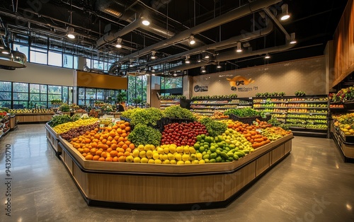 Bright and Spacious Supermarket Produce Section with Fresh Fruits