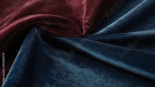 close up of red and blue velvet fabric , a deep burgundy ,  wine red velvet, dark blue velvet,  texture background top view photo