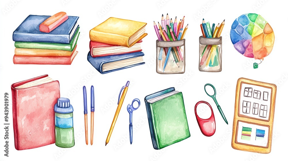 A colorful collection of school supplies including books, pens, scissors, and markers ideal for educational themes.