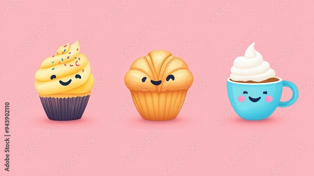 This delightful display showcases charming food icons, including joyful cupcakes, muffins, and a happy coffee cup on a pink backdrop This delightful display showcases charming food icons, including joyful cupcakes, muffins, and a happy coffee cup on a pink backdrop