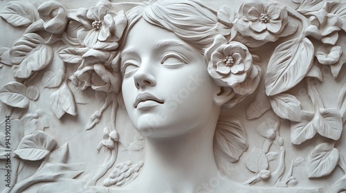 Elegant White Relief of a Young Woman Surrounded by Detailed Flowers and Vines - Perfect for Enhancing Your Sports Interior as a Stunning Poster