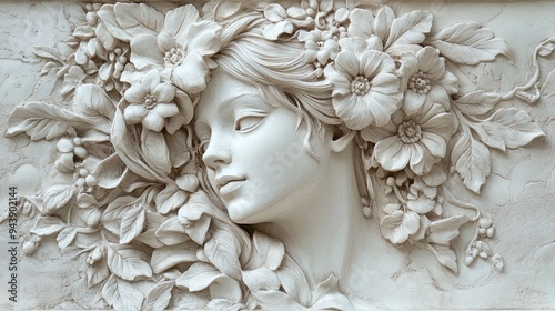 Elegant White Relief of a Young Woman Surrounded by Detailed Flowers and Vines - Perfect for Enhancing Your Sports Interior as a Stunning Poster
