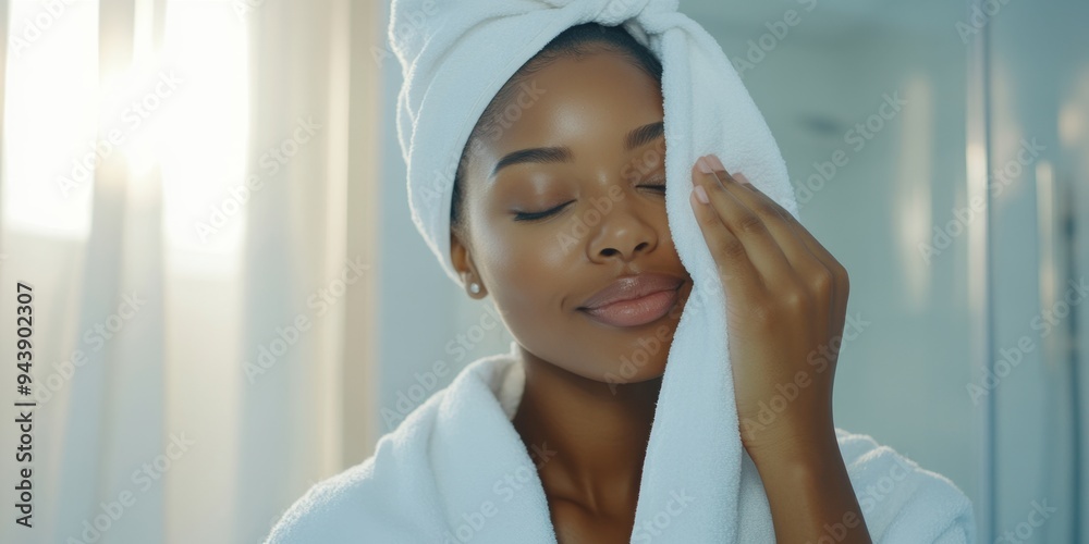 Charming Black Woman's Morning Skincare Ritual: Towel-Drying Face in Light Bathroom. Elegant Self-Care Routine Showcasing Beauty, Culture, and Inclusivity. Perfect for Cosmetic Marketing and Wellness Charming Black Woman's Morning Skincare Ritual: Towel-Drying Face in Light Bathroom. Elegant Self-Care Routine Showcasing Beauty, Culture, and Inclusivity. Perfect for Cosmetic Marketing and Wellness