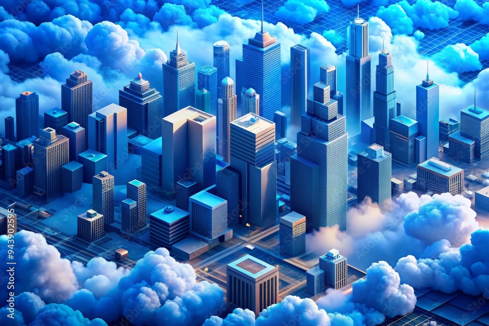 Fototapeta premium Azure Serenity: Blue-hued, tranquil isometric cityscapes with AI-generated clouds