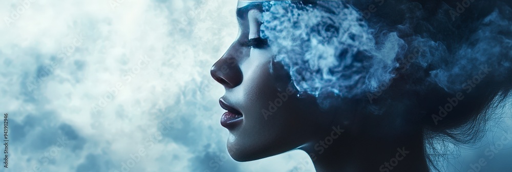 A profile of a woman with smoke swirling around her head, creating a dreamy atmosphere. A profile of a woman with smoke swirling around her head, creating a dreamy atmosphere.