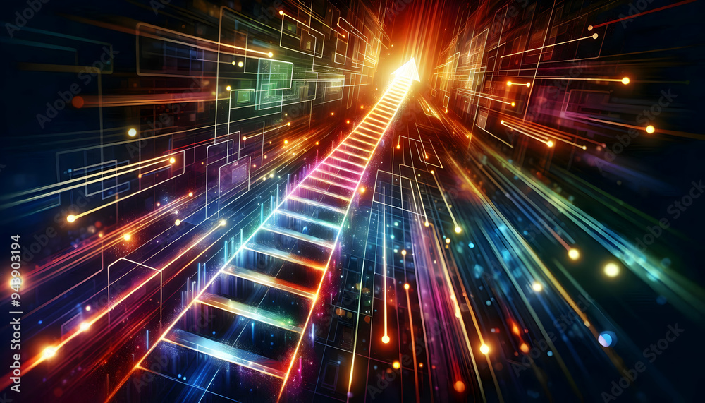 Glowing abstract ladder representing career progression concept as An upward angle shot of a glowing abstract ladder symbolizing career progression and growth in operational management. The ladder is Glowing abstract ladder representing career progression concept as An upward angle shot of a glowing abstract ladder symbolizing career progression and growth in operational management. The ladder is