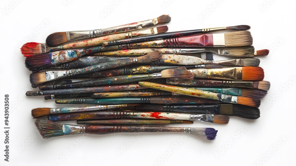 Obraz premium A collection of old paintbrushes on a white background, viewed from above. A creative and artistic concept featuring numerous colorful artist's brushes