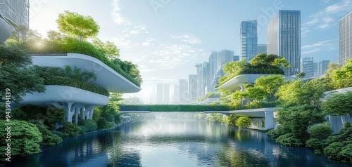 Modern urban landscape with futuristic architecture and lush greenery, featuring a serene river and innovative eco-friendly buildings.