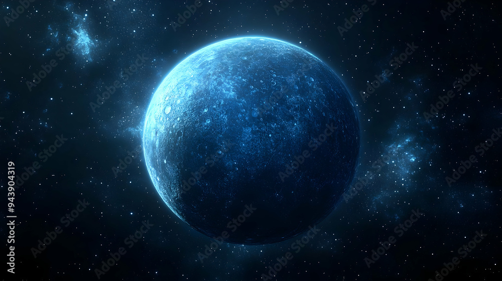 Obraz premium Glowing blue planet in a field of stars and a galaxy.