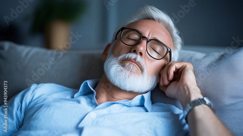 middle age man sleeping on couch taking a nap at home after work photo