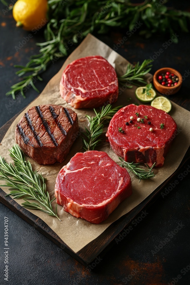 Freshly cut beef steaks arranged on parchment with herbs and citrus garnishes Freshly cut beef steaks arranged on parchment with herbs and citrus garnishes