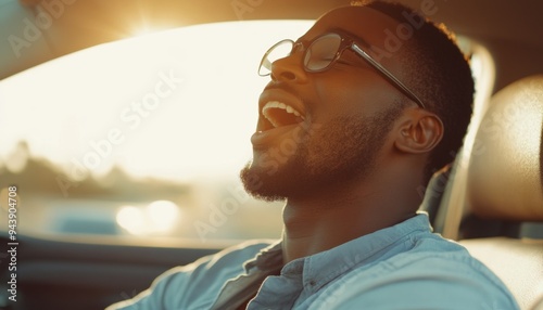 Joyful African Man with Glasses Singing in Car During Self-Drive Vacation: Carefree Laughter and Surprised Expression. Freedom, Relaxation, and Cultural Diversity Concept for Holiday Lifestyle Marketi photo