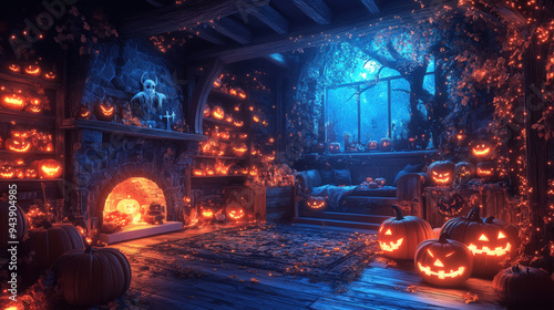 Vintage Bedroom with Spooky Halloween Decor and Autumn Window View