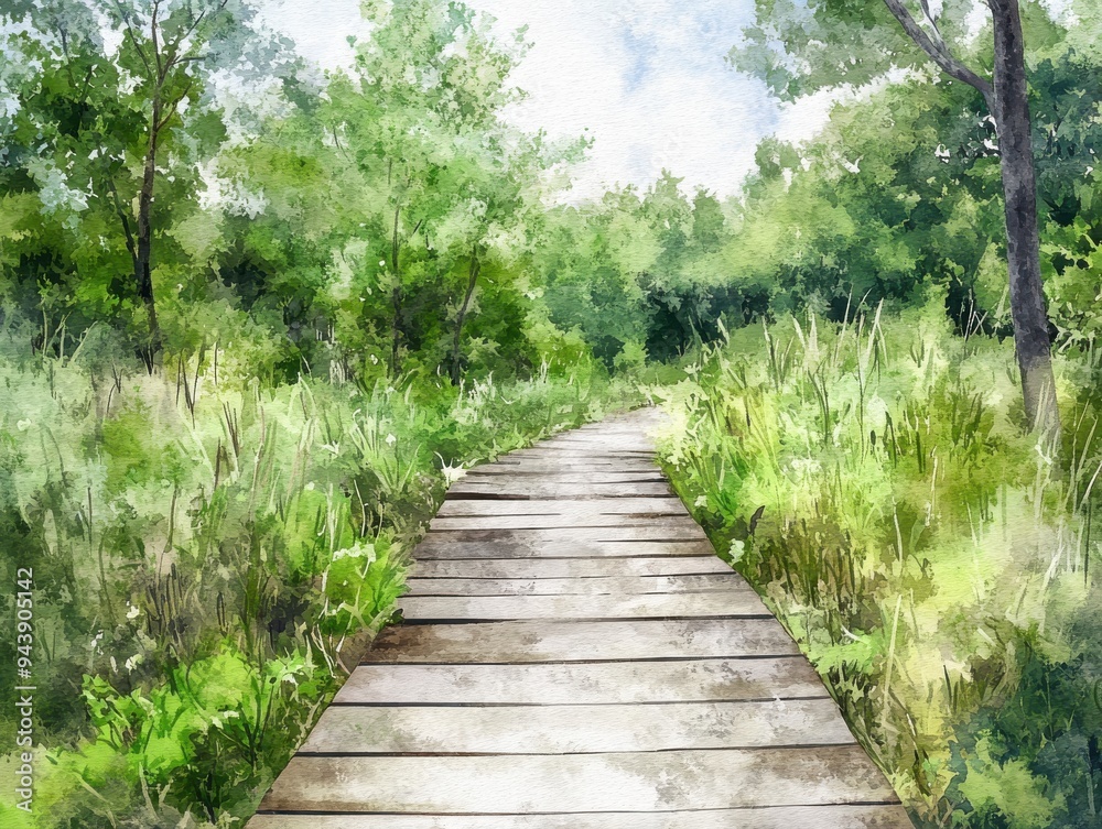 Watercolor painting of a wooden boardwalk leading through a vibrant green forest, capturing the serenity of nature. Watercolor painting of a wooden boardwalk leading through a vibrant green forest, capturing the serenity of nature.