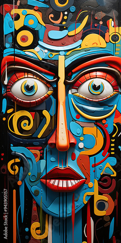 A colorful, abstract face made of geometric shapes. The face has large, blue eyes, a red nose, and a red mouth. The background is black with colorful shapes.