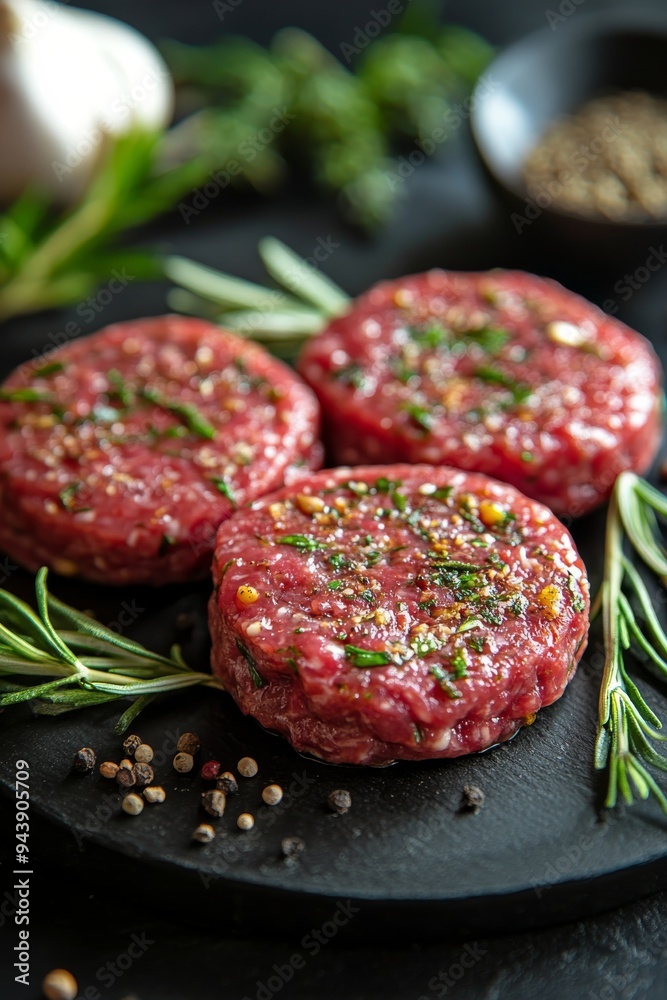 Freshly shaped beef patties seasoned with herbs and spices on a dark slate background Freshly shaped beef patties seasoned with herbs and spices on a dark slate background