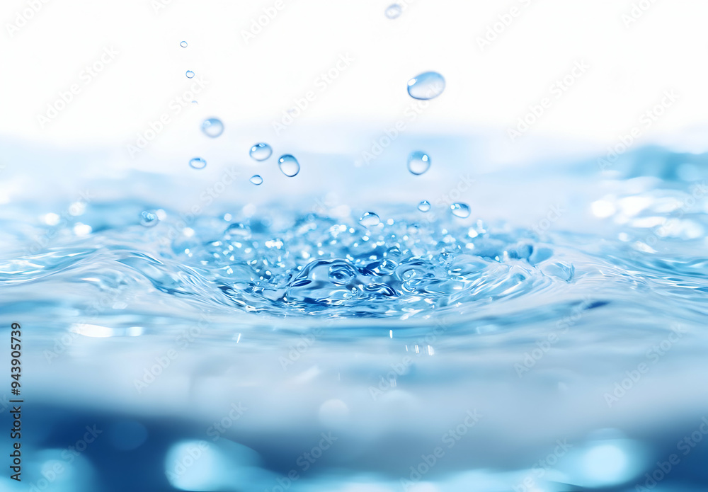 Close-up of water droplets splashing into a clear blue liquid, creating ripples and bubbles, evoking a sense of freshness and tranquility. Close-up of water droplets splashing into a clear blue liquid, creating ripples and bubbles, evoking a sense of freshness and tranquility.
