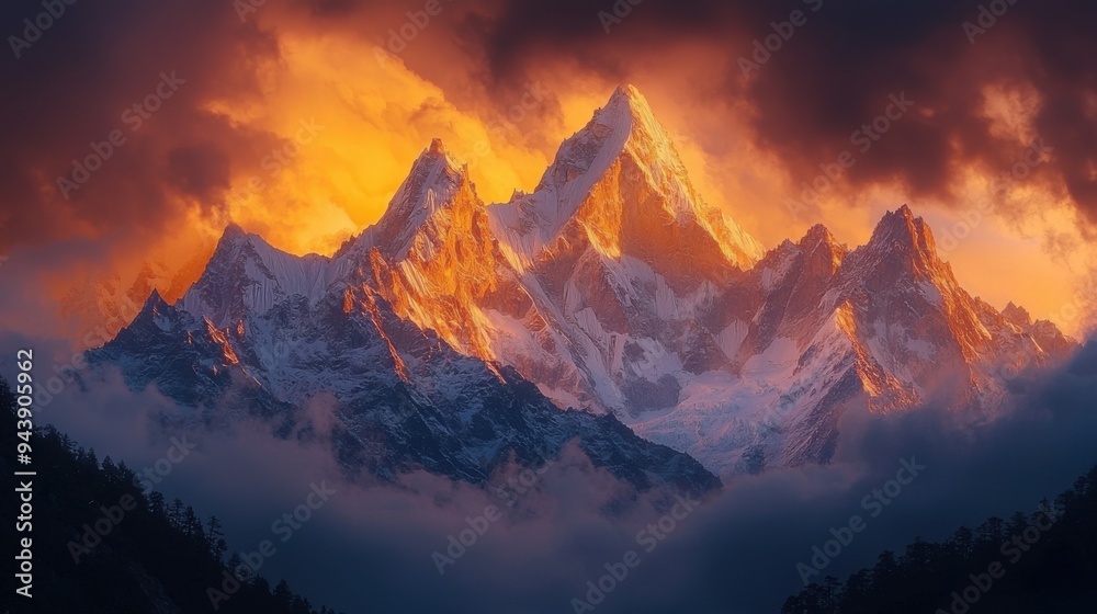 Dramatic Sunset Over Snowy Mountain Peaks Dramatic Sunset Over Snowy Mountain Peaks