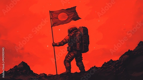 Space marine planting a flag on a newly conquered planet, symbolizing interstellar victory and dominance in cosmic warfare