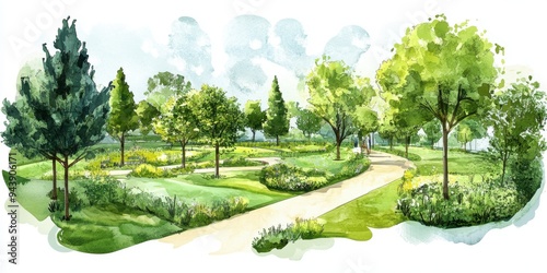 Scenic watercolor illustration of a lush garden park with winding paths, green trees, and vibrant floral arrangements under a clear sky. photo