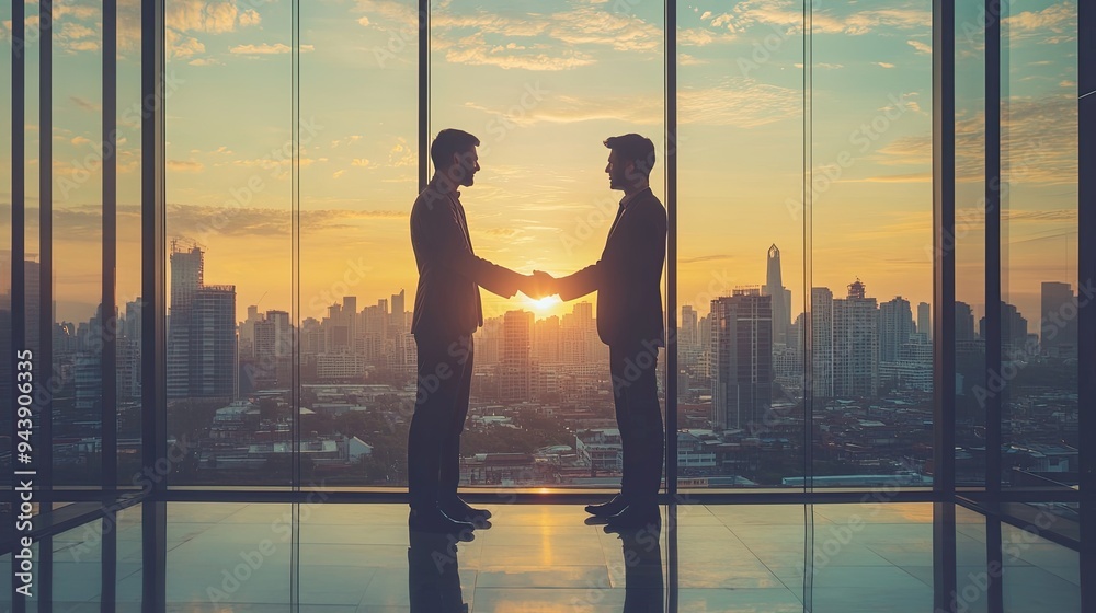 Two business partners sealing a deal with a handshake, in front of a large window overlooking a cityscape, embodying ethical collaboration Two business partners sealing a deal with a handshake, in front of a large window overlooking a cityscape, embodying ethical collaboration