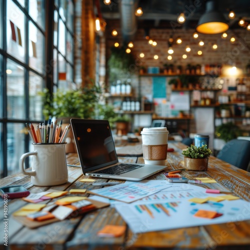 Laptop, Coffee, and Sticky Notes on a Wooden Table in a Cafe