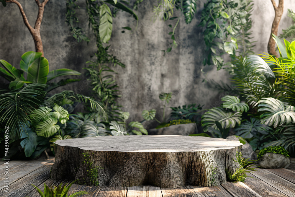 3D Rendering of Podium Made from Tree Stump in Jungle Setting 3D Rendering of Podium Made from Tree Stump in Jungle Setting