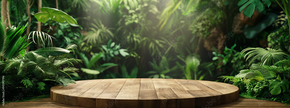 Wooden Podium in Lush Jungle Surrounded by Greenery