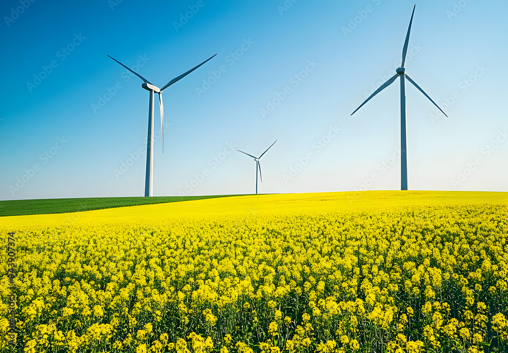 Vibrant yellow flowers under a clear blue sky with wind turbines in the background, symbolizing renewable energy and nature.