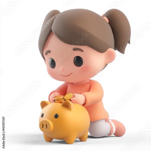 An Asian girl Renae with a piggy bank. 3D illustration of a cartoon design in cartoon style. A white background with 3D rendering. photo