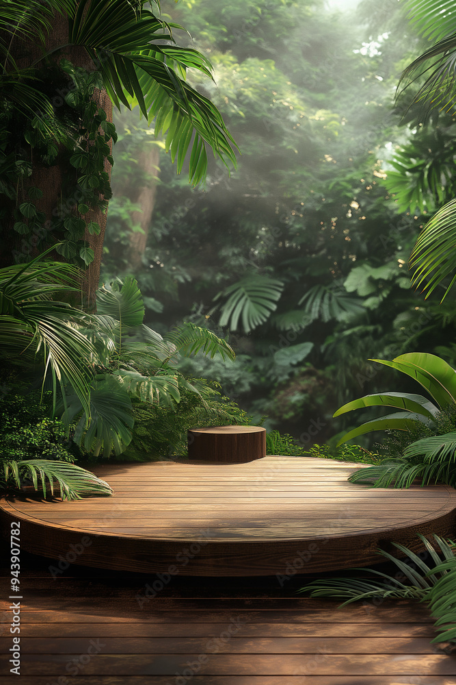Wooden Podium Amidst Lush Exotic Jungle Background Scenery Wooden Podium Amidst Lush Exotic Jungle Background Scenery