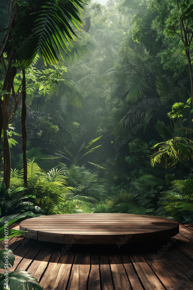 Wooden Podium Amidst Lush Greenery in Exotic Jungle Setting Wooden Podium Amidst Lush Greenery in Exotic Jungle Setting