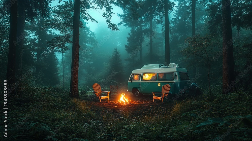 Tranquil Forest Campsite Poster: Classic Teal Camper Van, Glowing Campfire, and Inviting Adirondack Chairs Amidst Lush Greenery - Perfect for Outdoor Enthusiasts and Nature Lovers! Tranquil Forest Campsite Poster: Classic Teal Camper Van, Glowing Campfire, and Inviting Adirondack Chairs Amidst Lush Greenery - Perfect for Outdoor Enthusiasts and Nature Lovers!