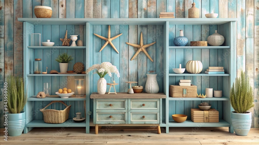 Coastal Escape: Breezy, blue, weathered wood, shell accents, open shelves Coastal Escape: Breezy, blue, weathered wood, shell accents, open shelves