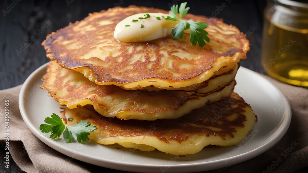Heap of potato pancakes and cream Heap of potato pancakes and cream