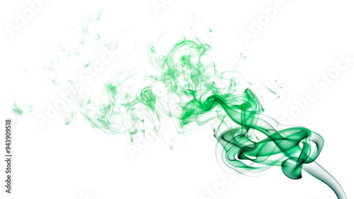 Green smoke swirling in the air creating abstract patterns on a white background