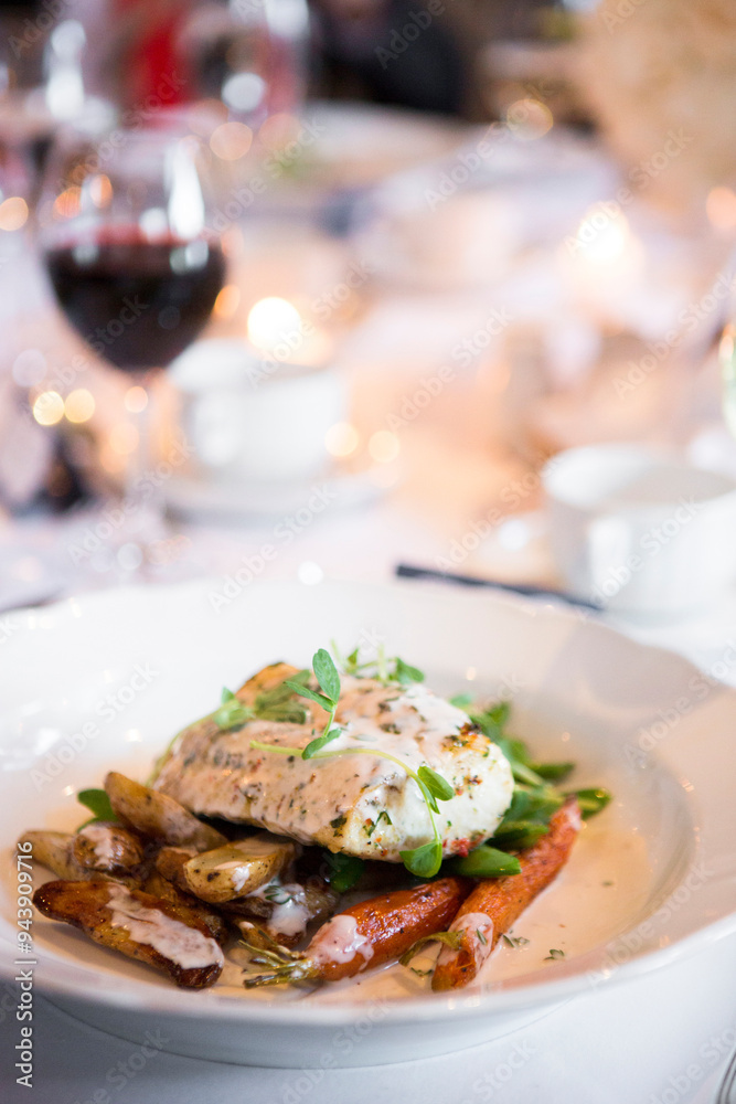 Cod with Herbs, Potatoes and Carrots at Wedding Reception Cod with Herbs, Potatoes and Carrots at Wedding Reception