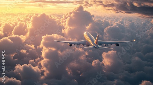 Airplane Flying Above Golden Sunset Clouds